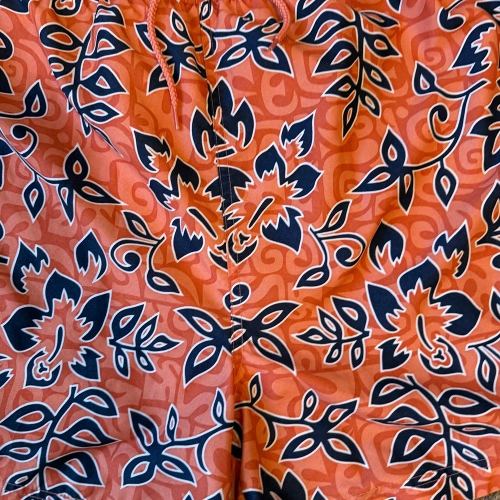 Mens‎ Orange Floral Hibiscus Swim Trunks Mesh Lined Board Shorts Size L 36-38